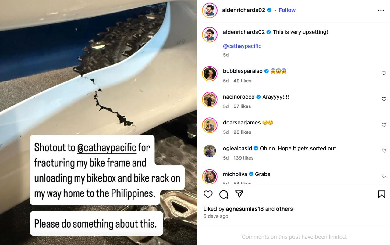 PINOY ACTOR ALDEN RICHARDS CRITICISES CATHAY PACIFIC FOR ALLEGEDLY MISHANDLING HIS BIKE PINOY ACTOR ALDEN RICHARDS CRITICISES CATHAY PACIFIC FOR ALLEGEDLY MISHANDLING HIS BIKE