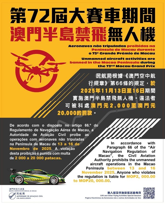 UNMANNED AIRCRAFT ACTIVITIES BANNED ON MACAU PENINSULA DURING 72ND MACAU GP UNMANNED AIRCRAFT ACTIVITIES BANNED ON MACAU PENINSULA DURING 72ND MACAU GP